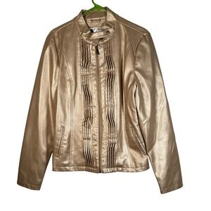 Frida Gold Metallic Faux Leather‎ Jacket Moto Style Pleated Front Women's Large